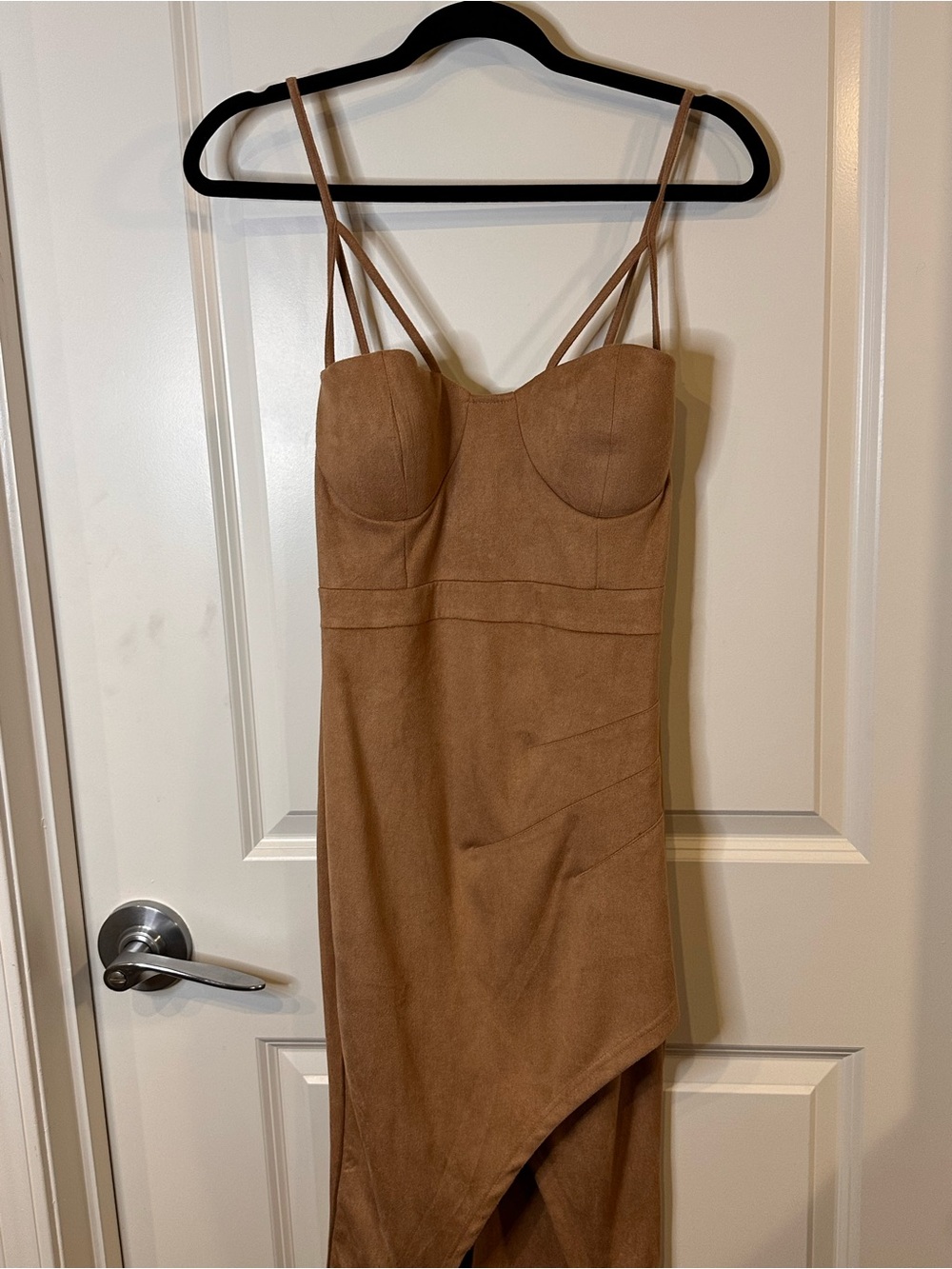 Privy Brown Faux Suede Bustier Midi Dress Strappy Bodycon L